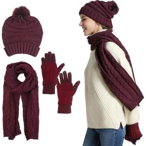 Winter Scarf Gloves and Hat Set for Women, Beanie Hat Long Scarf Touchscreen Gloves, Warm 3 in 1 Set for Womens Girls(Reddish Brown)