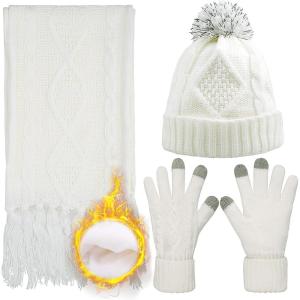 Winter Scarf Gloves and Hat Set for Women, Beanie Hat Long Scarf Touchscreen Gloves, Warm 3 in 1 Set for Womens Girls(White-diamond Pattern)