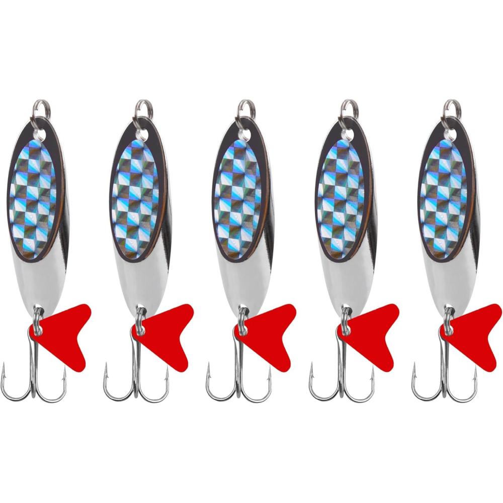imageOROOTL Fishing Spoons Lures 5pcs Metal Spoon Fishing Lures with Feathered Treble Hooks 316oz2oz Jigging Spoons Bait for Bass Trout Pike Walleye Saltwater FreshwaterSilverred heart