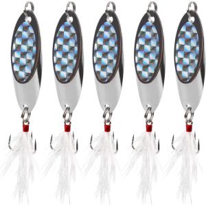 OROOTL Fishing Spoons Lures, 5pcs Metal Spoon Fishing Lures with Feathered Treble Hooks 3/16oz-2oz Jigging Spoons Bait for Bass Trout Pike Walleye Saltwater Freshwater(Silver)