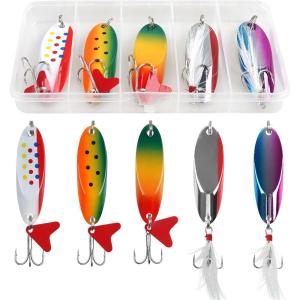OROOTL Fishing Spoons Lures, 5pcs Metal Spoon Fishing Lures with Feathered Treble Hooks 3/16oz-2oz Jigging Spoons Bait for Bass Trout Pike Walleye Saltwater Freshwater(Painted)